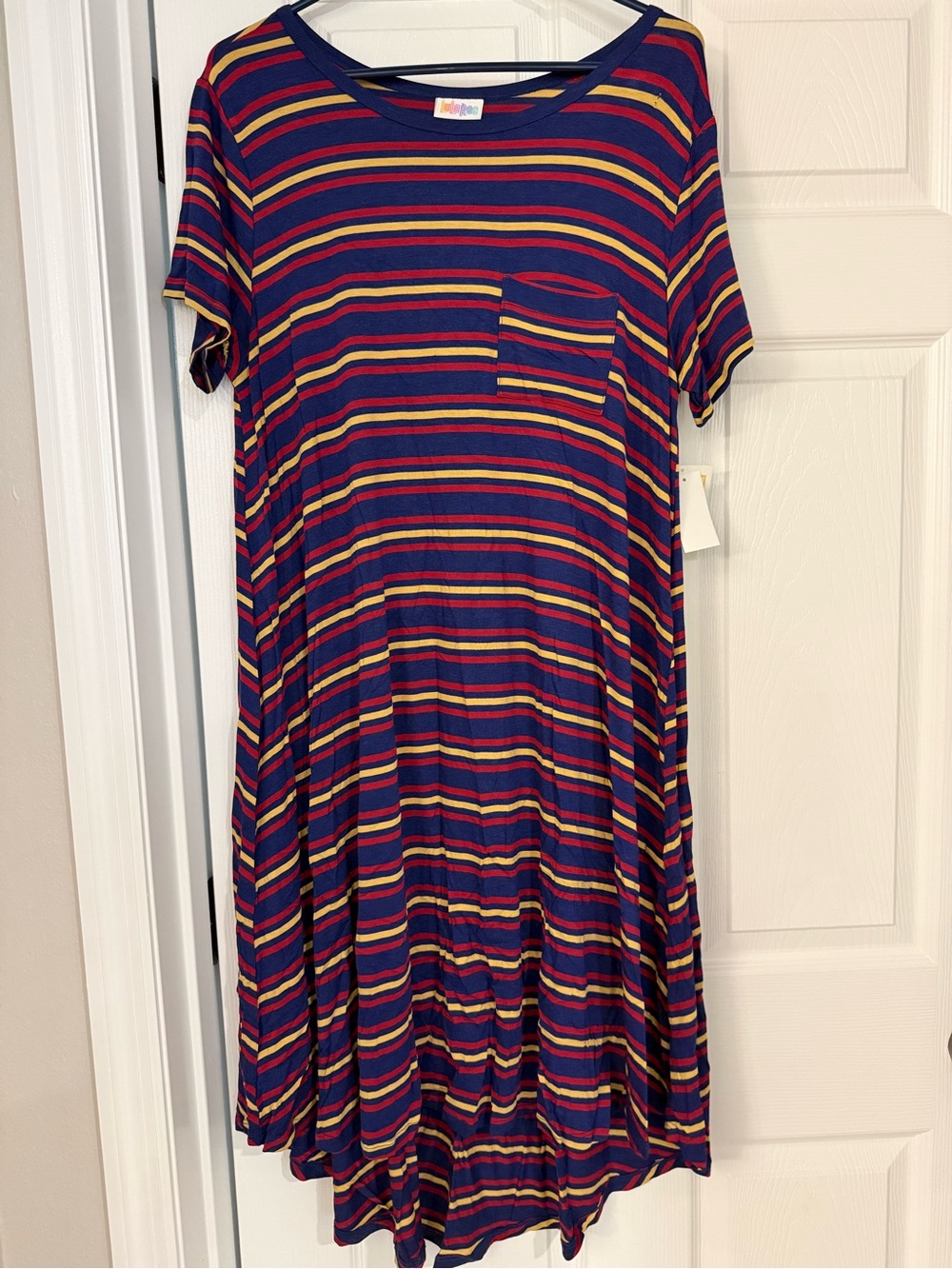 Lularoe Carly Striped Pocket Swing Dress - Navy, Red & Yellow